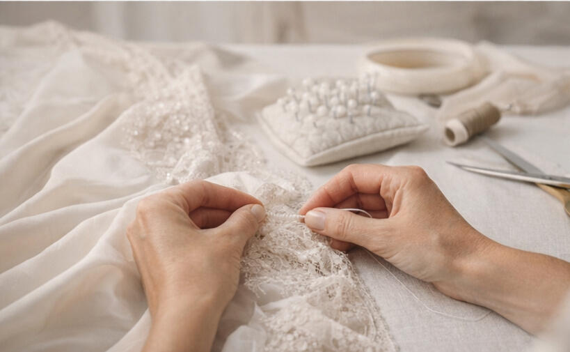 Processo de costura sob medida Detalhe de tecido e mão trabalhando em costura sob medida para caimento perfeito